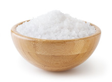 Sea Salt In Wooden Bowl Isolated On White Background With Clipping Path