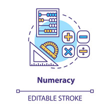 Numeracy Concept Icon. Mathematical Calculations. Ability To Operate With Numbers. Numerical Literacy Idea Thin Line Illustration. Vector Isolated Outline RGB Color Drawing. Editable Stroke