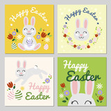 Fototapeta Dinusie - Happy Easter Cards Vector Set to Celebrate Easter. 4 cards with bunny rabbit smiling with flowers. Flat illustration with spring colorful mood.