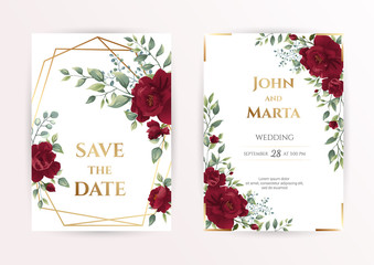 Wall Mural - wedding invitation card with red roses, watercolor, leaves and golden geometric frame. Floral Trendy templates for banner, flyer, poster, greeting. Vector illustration. eps10