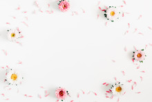 Beautiful Flowers Composition. Frame Made Of Pink And White Flowers On White Background. Valentines Day, Easter, Mother's Day. Flat Lay, Top View, Copy Space