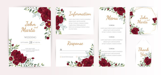 Wall Mural - wedding invitation card with red roses, watercolor, leaves and golden geometric frame. Floral Trendy templates for banner, flyer, poster, greeting. Vector illustration. eps10