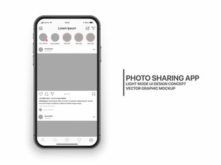 Wall Mural - instagram photo sharing mobile app ui and ux concept vector mockup in light mode on frameless smart 