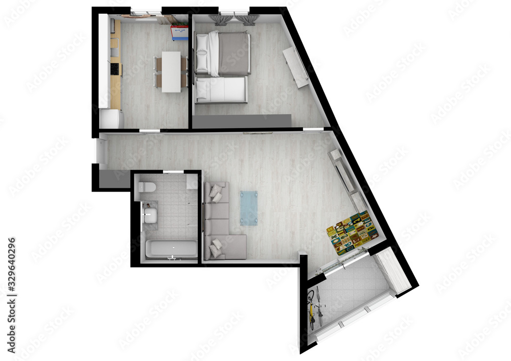 Render. Living space with using colors and textures. Floor plan top ...