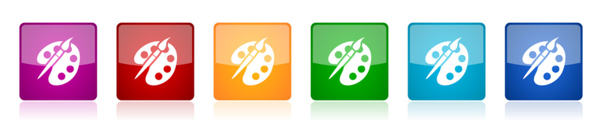 Poster - Paint brush icon set, palette, art colorful square glossy vector illustrations in 6 options for web design and mobile applications