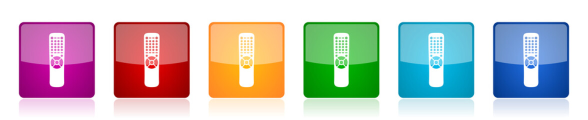 Tv remote control icon set, television colorful square glossy vector illustrations in 6 options for web design and mobile applications