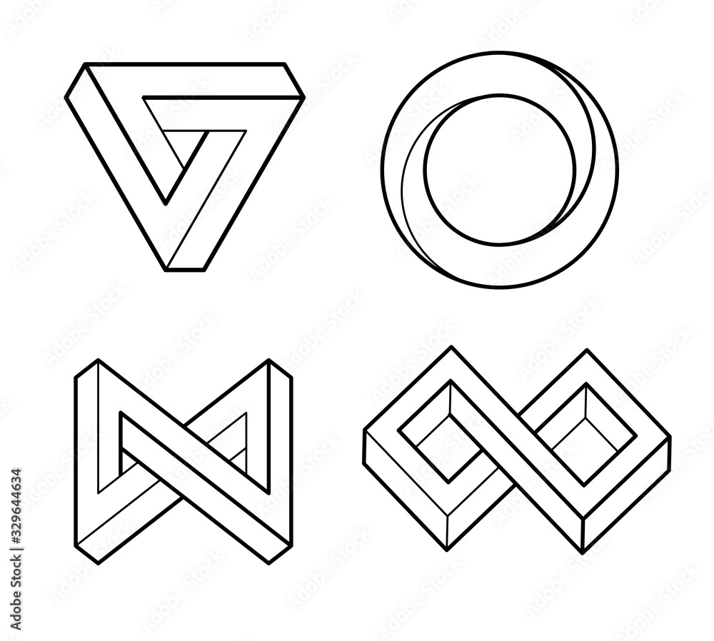 Impossible geometry shape. Optical Illusion. Line design. Unpeal geometry symbols vector set. Escher paradox impossible geometry geometric graphic. - obrazy, fototapety, plakaty 