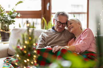 Poster - Senior couple sitting in the living room together during Christmas