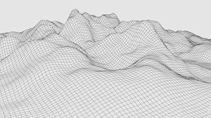 Vector wireframe 3d landscape. Technology grid illustration. Network of connected dots and lines. Futuristic background.