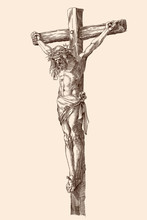 Jesus Christ Crucified On A Wooden Cross. Vector Illustration Of A Figure Isolated On A Beige Background. Detail Of An Engraving By Albrecht Durer, Nunberg, 1508.