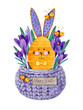 Watercolor easter card with orange egg with bunny ears. Stripes, dots and lines are drawn on the egg. Hand drawn egg on a background of purple crocuses in a wicker basket with yellow butterflies.