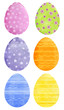 Big collection of watercolor hand drawn easter eggs. isolated on a white background. Pink, orange, blue, violet, yellow and light green eggs with patterns. (Dots, stripes, lines, waves and flowers)