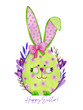 Watercolor easter card with light green egg with bunny ears. Stripes, dots and lines are drawn on the egg.Hand drawn egg on a background of purple crocuses.The card conveys the spring mood for Easter