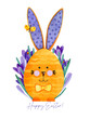 Watercolor easter card with orange egg with bunny ears. Stripes, dots and lines are drawn on the egg. Hand drawn egg on a background of purple crocuses. The card conveys the spring mood for Easter.