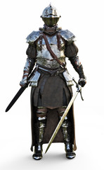 Wall Mural - Brave medieval knight standing with a full suit of armor and holding a sword weapon on a white background. 3d rendering