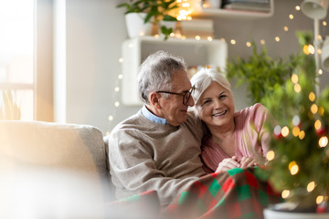 Poster - Senior couple sitting in the living room together during Christmas