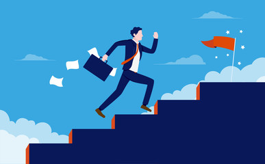 Wall Mural - Stairway to success - Man running fast up stairs to reach his goals. Metaphor for quick business success, boost personal career, and winning. Vector illustration.