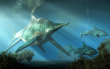 A Massive Creature Pursues Two Sharks Through The Triassic  Seas. This Is Shastasaurus, An Ichthyosaur, And The Largest Marine Reptile Ever. 3D Rendering.
