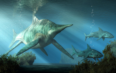 Aufkleber - A massive creature pursues two sharks through the Triassic  seas. This is shastasaurus, an ichthyosaur, and the largest marine reptile ever. 3D Rendering.