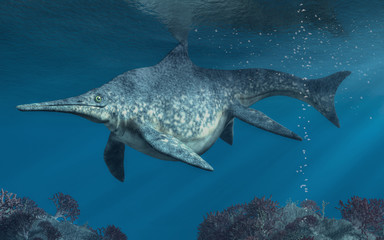 Aufkleber - A massive creature prowls the depths of a Triassic  sea. This is shastasaurus, an ichthyosaur, and the largest marine reptile ever. 3D Rendering.