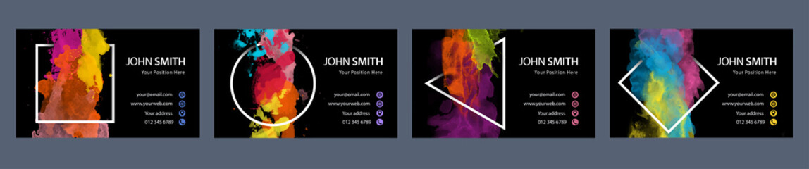 Wall Mural - Bundle set of business card template with colorful vector watercolor splash in geometric frame on black background