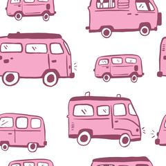 Pink Seamless Hand Drawn Hippie Van Pattern. Bus repeat pattern. White Background.