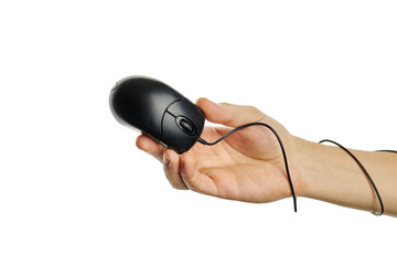 black computer mouse at caucasian person hand. isolated on a white background. hardware and web surfing concept.