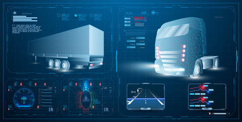 Aufkleber - Autonomous smart truck. Unmanned vehicles. artificial intelligence controls the Autonomous truck. Hologram car style in HUD/UI/GUI. Hardware Diagnostics Condition of Car. Analysis and diagnostics auto