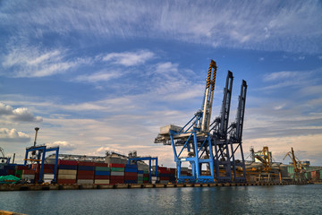 industrial port with containers. Container stacks at sea port container terminal