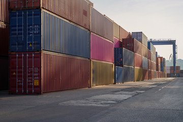 industrial port with containers. Container stacks at sea port container terminal