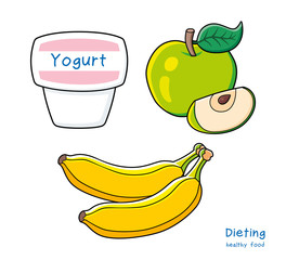 Wall Mural - Yogurt in a white plastic cup, green apple fruit with slice and two bananas isolated. Dieting and healthy food icons.