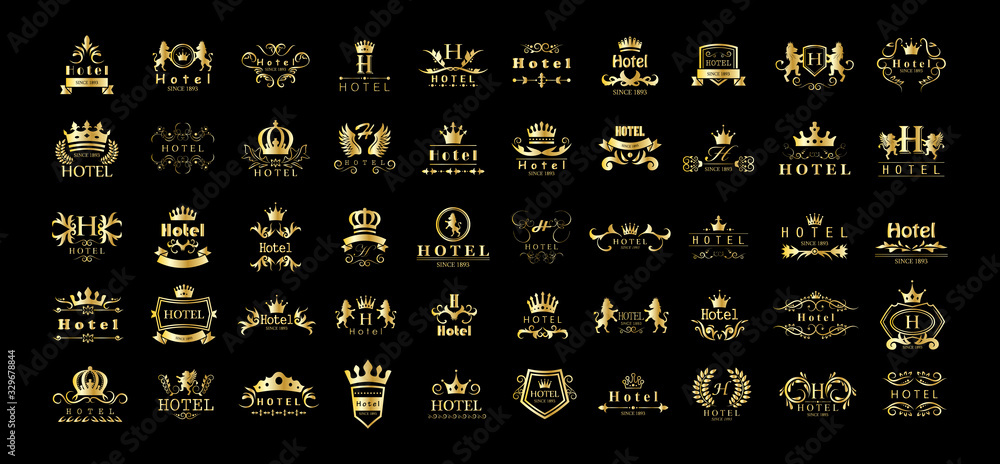 Golden Hotel Luxury Logo Set - Isolated On Black Background, Vector.Icons Collection Of Golden Hotel Logo, Emblem And Label.Useful For Badge,Seal And Design Template.Vector Illustration Of Luxury Logo - obrazy, fototapety, plakaty 