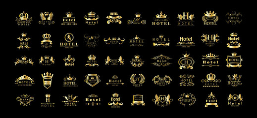 golden hotel luxury logo set - isolated on black background, vector.icons collection of golden hotel