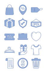 Canvas Print - gift box and shopping icons set, blue outline style