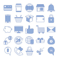 Canvas Print - global sphere and shopping icons set, blue outline style