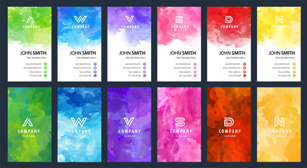 Wall Mural - Big set of bright colorful business card vector vertical template with watercolor background