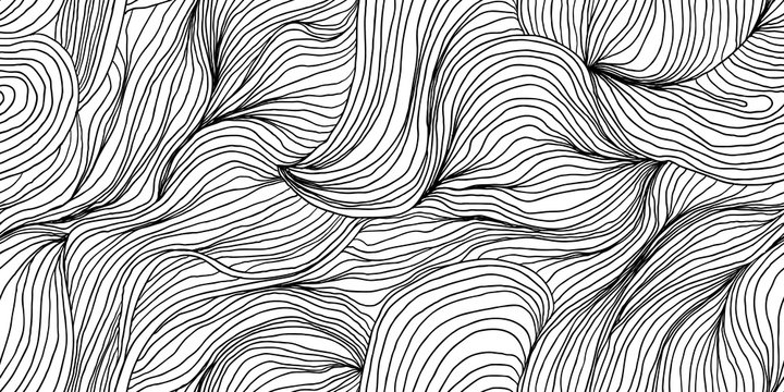 Abstract seamless pattern, wavy line art ink drawing in black on white