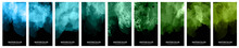Black Background Set With Mystical Green Fog Or Smoke. Dramatic Poster Template.
