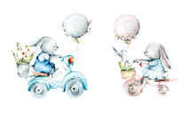 Hand Drawing Watercolor Spring Set Of Bunny On Bikes With Balloons And Flowers In Basket And Bucket. Illustration Isolated On White