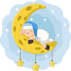 Canvas Print - Cartoon baby sheep sleeping on the moon