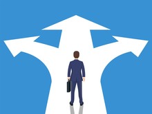 Choice Way Concept. Businessman Before Choosing. Crossroads Arrows. Decide Direction. Human Standing Choice Of Ways. Vector Illustration Flat Style