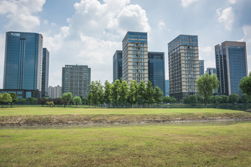 Poster - city park with modern building background