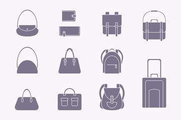 Wall Mural - Handbag Icons set - Vector silhouettes of bag, backpack, purse, clutch, luggage, suitcase for the site or interface