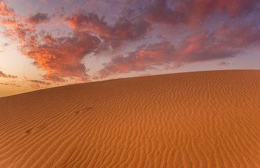 Wall Mural - wonderful, dramatic sky over the sandy desert after sunset