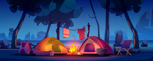 Summer night camp with tent, campfire, trees, lake and mountains on background. Vector cartoon landscape of natural parkland, countryside. Picnic on river beach