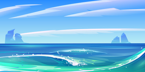 Wall Mural - Ocean or sea waves with white foam, nature landscape with fluffy clouds in sky and rocks sticking up from water surface. Summer morning or day tranquil seascape background, Cartoon vector illustration