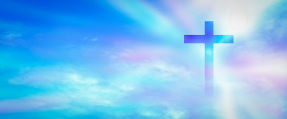 Wall Mural - Christian cross appeared bright in the sky with soft fluffy clouds, white, beautiful colors. With the light shining as hope, love and freedom in the sky background