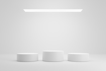 Empty pedestal or winner podium display on white room and light background with futuristic stand concept. Blank product shelf standing backdrop. 3D rendering.