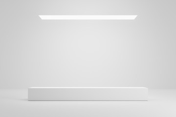 Empty pedestal or long podium display on white room and light background with futuristic stand concept. Blank product shelf standing backdrop. 3D rendering.