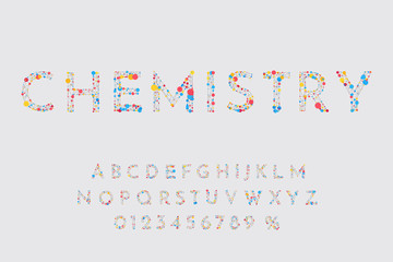Vector illustration. Abstract structured font. Polygonal concept. Triangles with circles of different colors in the form of atoms and molecules. Letters and numbers for design promotions, sale banners